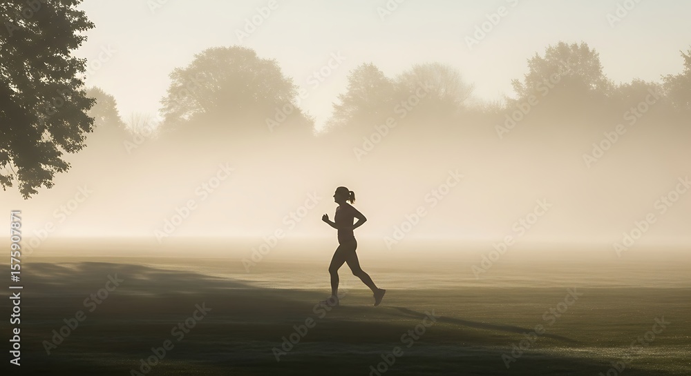 A woman runs across a grassy field shrouded in morning fog, with trees silhouetted in the background. A woman runs across a grassy field shrouded in morning fog, with trees silhouetted in the background.