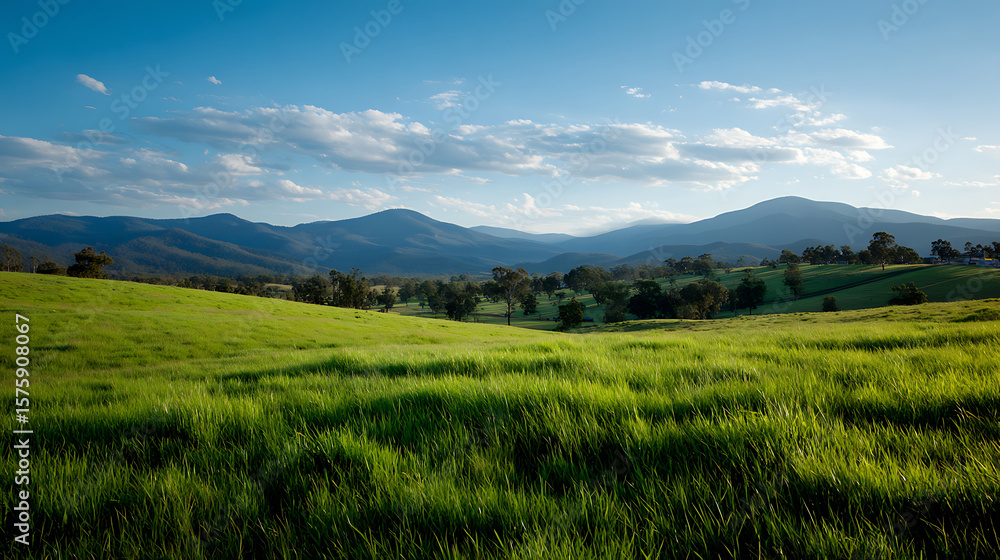 Fototapeta premium Green Pasture and Distant Mountains Landscape with Blue Sky
