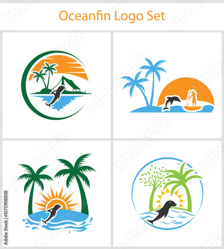 Oceanfin Logo Set Featuring Tropical Designs with Dolphins, Palm Trees, and Vibrant Sunsets for a Relaxing Beach Vibe