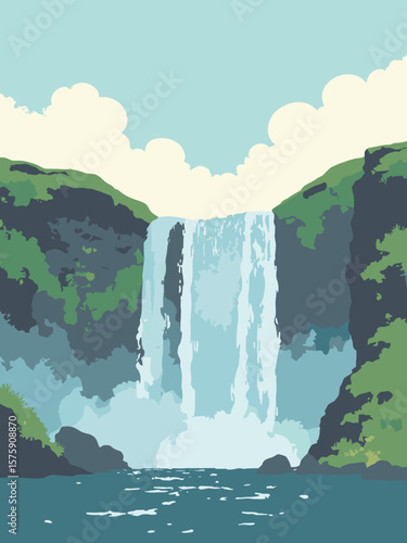 Skógafoss Waterfall, Iceland – thunderous cascade over cliff in white spray, basalt gray rock, emerald green moss, and misty blue