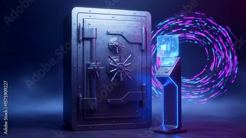 Wallpaper Mural A futuristic safe with digital interface illuminated by neon lights in a dark, smoky environment Torontodigital.ca