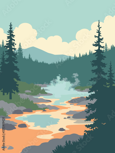 Valley of Geysers, Russia – steaming hot springs scattered in russet, ochre, steam gray, and pine green forest
