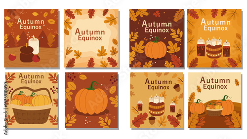 Autumn Equinox Square Vector Graphics Collection - Pumpkins & Fall Leaves