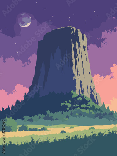 Devils Tower, USA – granite monolith soaring above prairie in stone gray, grass green, and twilight purple