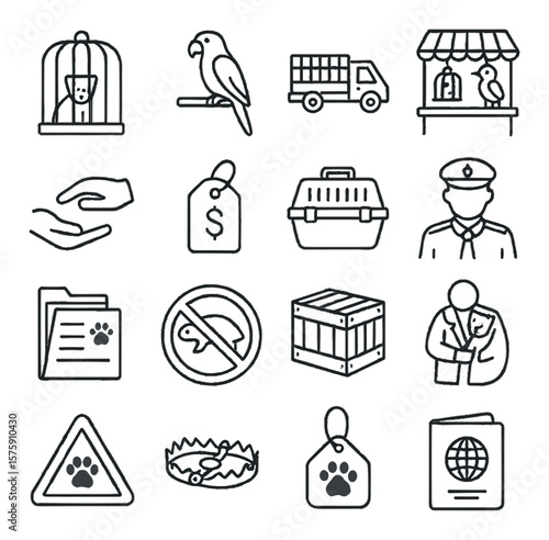Wildlife trade line art icons. caged animal, exotic bird, illegal truck, open-air market, buyer hand, price tag, transport box, inspection officer, document folder, ban symbol,