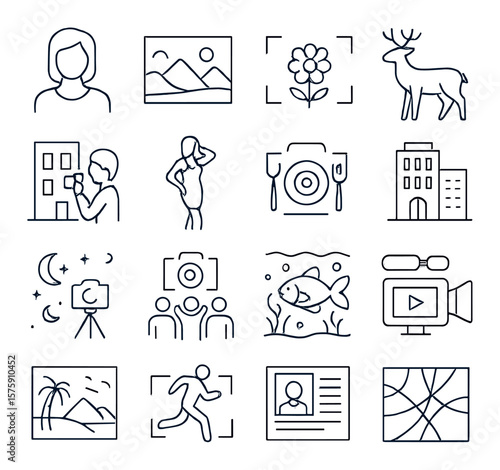 Photography genres line art icons. portrait icon, landscape icon, macro icon, wildlife icon, street photo, fashion shoot, food photo, architectural shot, astrophotography, event