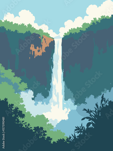 Angel Falls, Venezuela – tallest waterfall tumbling from mountain in jungle green, cliff copper, mist white, and sky blue