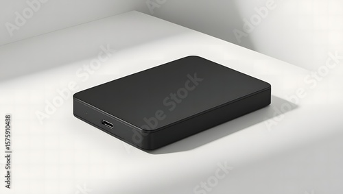 External hard drive mockup USB-C port visible, black matte texture, angled top view on seamless white background, realistic lighting and shadow