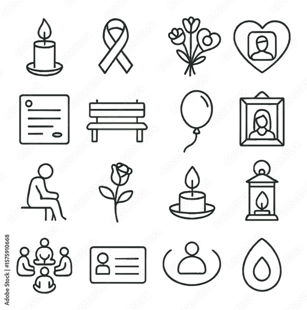 Symbols of remembrance line art icons. candle vigil, memory ribbon, flower bouquet, heart with photo, tribute wall, memorial bench, tribute balloon, framed picture, quiet