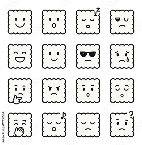 Biscuit emotions line art icons. smiling biscuit, surprised face, sleepy biscuit, winking biscuit, laughing biscuit, blushing biscuit, cool biscuit, crying biscuit, thinking