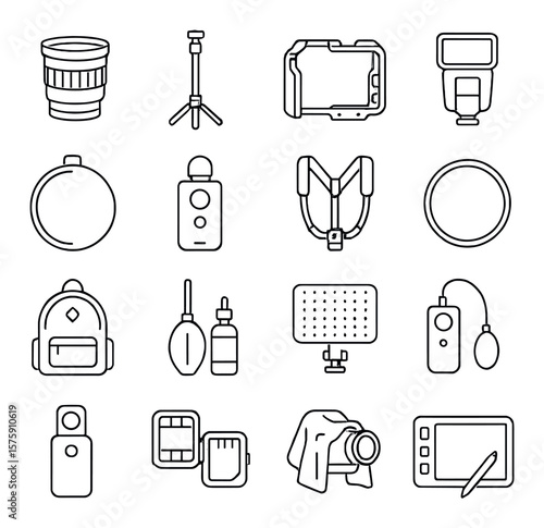 Photography gear line art icons. lens kit, monopod, camera cage, external flash, reflector, light meter, camera harness, ND filter, backpack, cleaning kit, LED panel, cable release