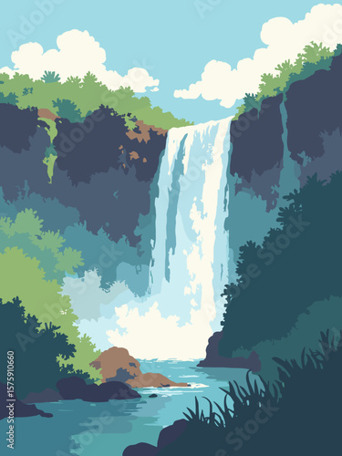 Victoria Falls, Zambia – thunderous falls crashing in lush gorge with water white, jungle green, rock brown, and blue sky