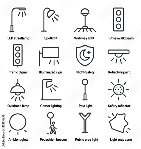 Urban lighting and visibility line art icons. LED streetlamp, spotlight icon, walkway light, crosswalk beam, traffic signal, illuminated sign, night-safety icon, reflective paint,