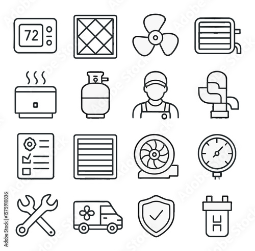 HVAC service line art icons. thermostat, air filter, fan blade, cooling coil, heating unit, refrigerant tank, duct system, technician icon, maintenance form, air vent, blower motor