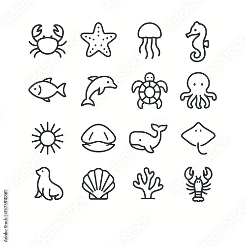 Sea animals line art icons. crab, starfish, jellyfish, seahorse, fish, dolphin, turtle, octopus, sea urchin, clam, whale, stingray, sea lion, shell, coral, lobster.