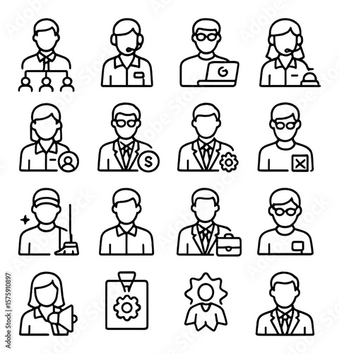 Office team roles line art icons. manager icon, assistant icon, IT support, receptionist, HR officer, finance lead, admin staff, project lead, office cleaner, intern icon, sales