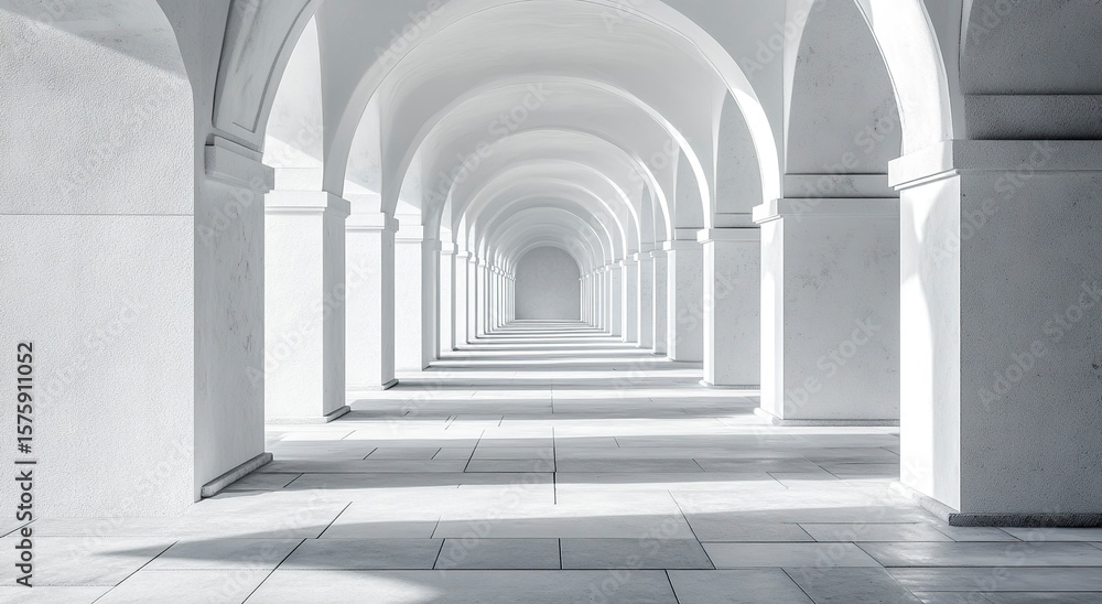 Fototapeta premium 3D render of white arches against a background, symmetrical composition, perspective view, long corridor with bright light and shadows, minimalist style, high resolution, hyper-realistic, sharp focus,