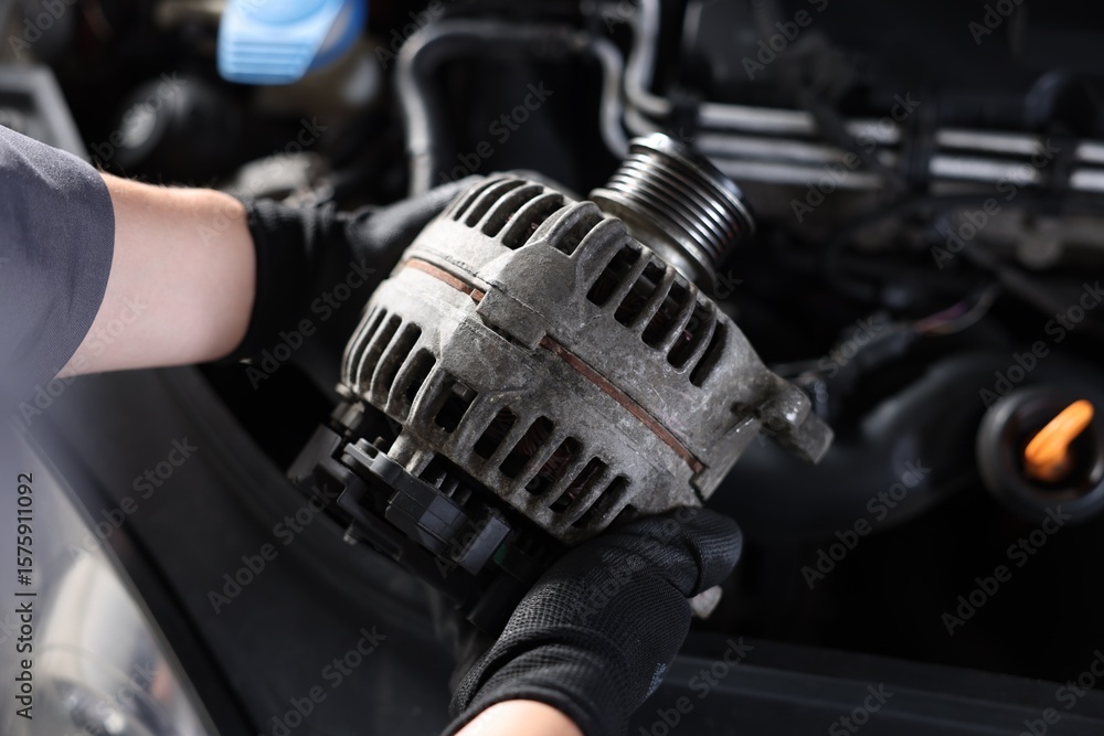 Naklejka premium Auto part. Professional mechanic with alternator near open hood of car indoors, above view
