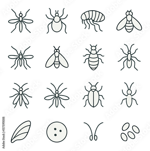 Vector insects line art icons. mosquito, tick, flea, fly, sandfly, tsetse fly, lice, mite, wasp, gnat, beetle, bug, insect wing, bite mark, insect antenna, insect egg.
