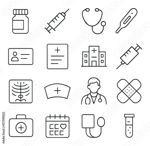 Medical Schedule line art icons. pill bottle, injection, stethoscope, thermometer, appointment card, medical report, hospital building, syringe, x-ray, nurse cap, doctor icon,