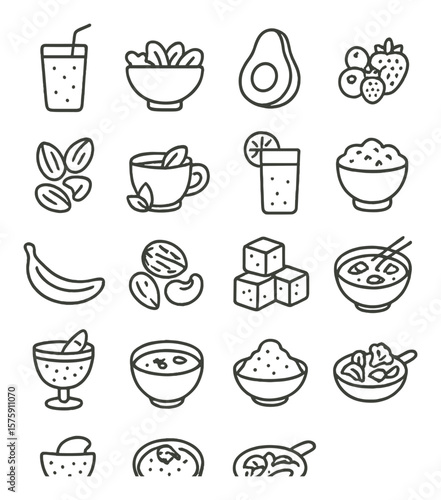 Healthy food line art icons. smoothie, salad bowl, avocado, berries, almonds, herbal tea, green juice, oatmeal bowl, banana, nuts, tofu, miso soup, chia pudding, lentil soup,