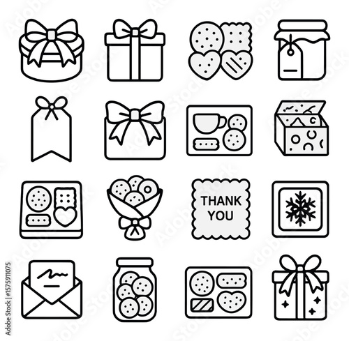 Biscuit gift sets line art icons. ribbon tin, gift box, assorted biscuits, custom label, thank you tag, bow wrap, biscuit and tea set, printed tissue, transparent lid box, biscuit