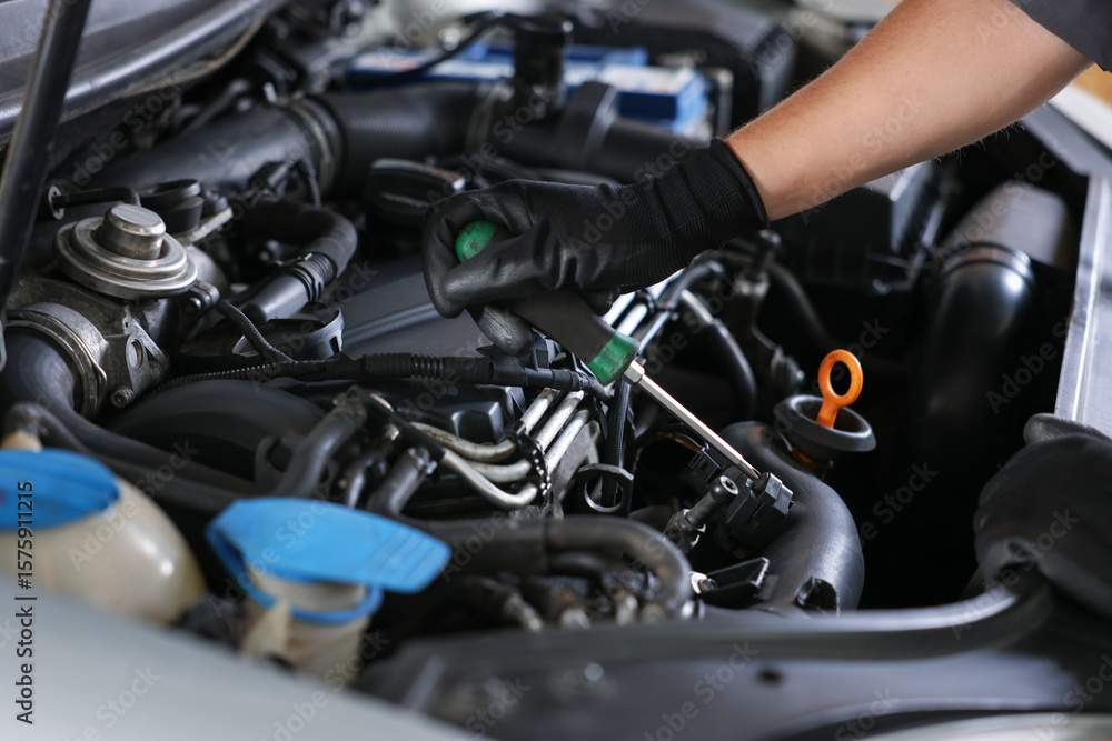 Fototapeta premium Auto parts. Professional mechanic with screwdriver fixing car indoors, closeup