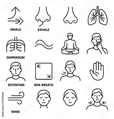 Breathing techniques line art icons. inhale arrow, exhale arrow, nose icon, lungs, diaphragm, breathing wave, seated breathing, alternate nostril, breath retention, box breathing,