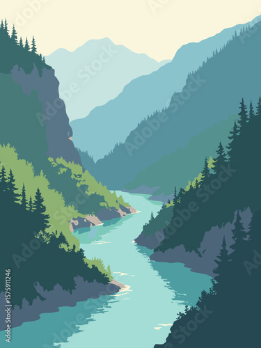 Tara River Canyon, Montenegro – turquoise river winding through pine green cliffs, rock gray, and mist white
