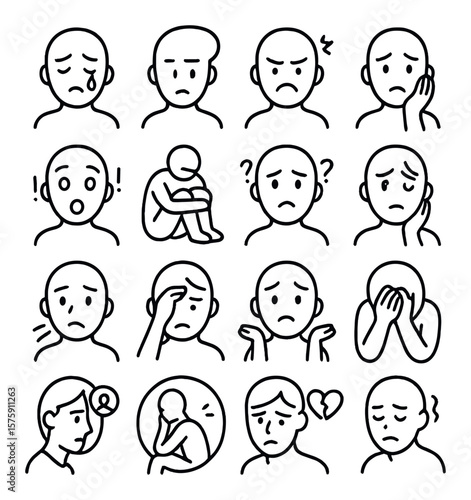 Grief emotions line art icons. sadness, numbness, anger, guilt, shock, loneliness, confusion, anxiety, fear, regret, helplessness, despair, longing, isolation, heartbreak, fatigue.