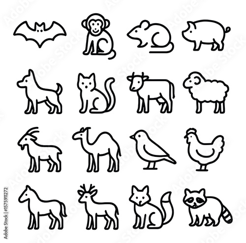 Zoonotic animals line art icons. bat, monkey, rat, pig, dog, cat, cow, sheep, goat, camel, bird, chicken, horse, deer, fox, raccoon.