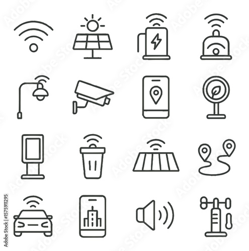Smart city elements line art icons. Wi-Fi hotspot, solar panel, electric vehicle charger, traffic sensor, smart streetlamp, CCTV camera, app-based transport, environmental monitor,