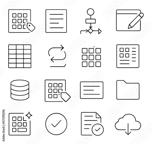 Data for AI line art icons. labeled data, dataset icon, data preprocessing, annotation tool, structured table, unstructured file, data flow arrows, feature matrix, raw data icon,