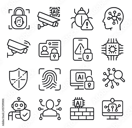 AI in Security line art icons. facial recognition lock, surveillance AI, threat detector, behavior analysis, smart camera, access control, real-time alert, data encryption AI,