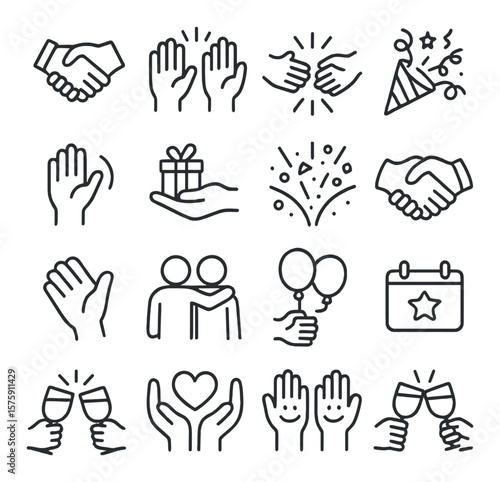 Celebrations & Greetings line art icons. festive handshake, congratulatory hands, high five, party streamers, welcome wave, gift handoff, confetti burst, joy handshake, celebratory