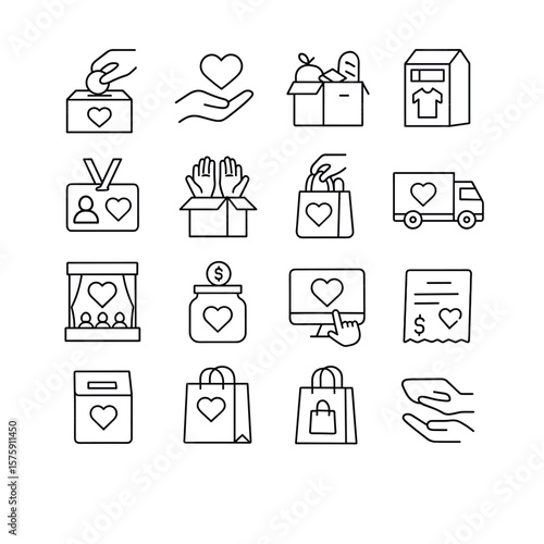 Charity activities line art icons. giving box, hand with heart, food drive, clothing drop-off, volunteer badge, sorting items, packing bag, donation truck, charity event,