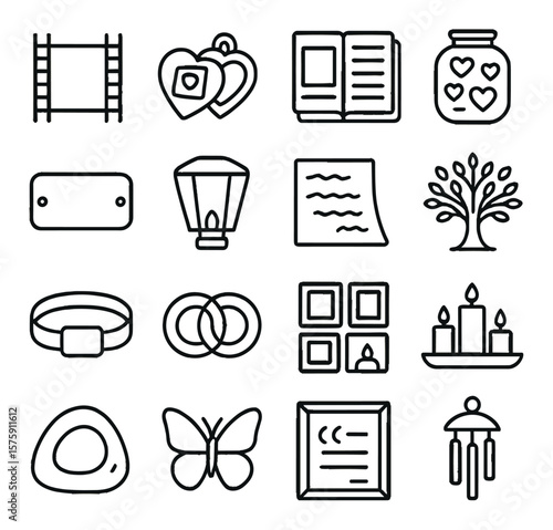 Memory symbols line art icons. photo strip, locket, scrapbook, memory jar, nameplate, sky lantern, handwritten note, legacy tree, wristband, shared token, memory wall, candle tray,