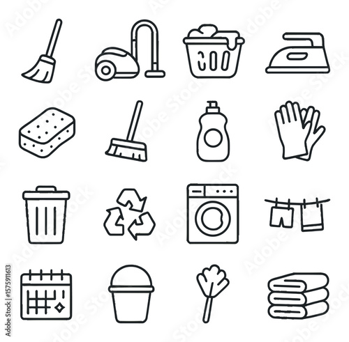 Household Chores line art icons. broom, vacuum, laundry basket, iron, sponge, mop, dish soap, rubber gloves, trash can, recycling bin, washing machine, clothesline, calendar with