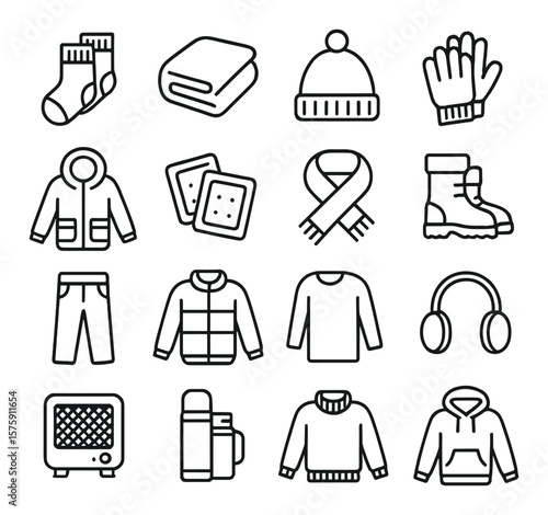 Winter donation items line art icons. wool socks, fleece blanket, knit cap, thermal gloves, parka, hot packs, scarf, snow boots, thick pants, insulated jacket, long underwear,