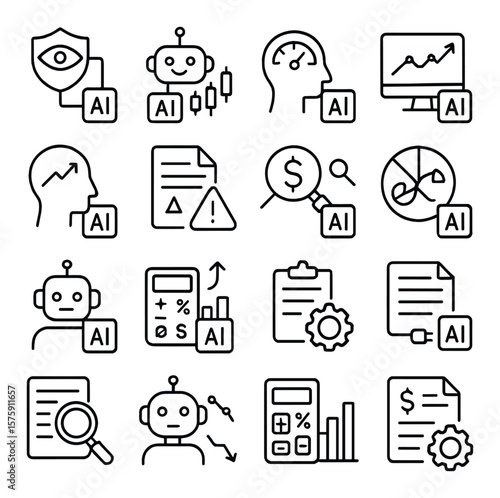 AI in Finance line art icons. fraud detection AI, trading bot, credit scoring, algorithmic trading, financial prediction, risk assessment AI, expense analyzer, portfolio optimizer,