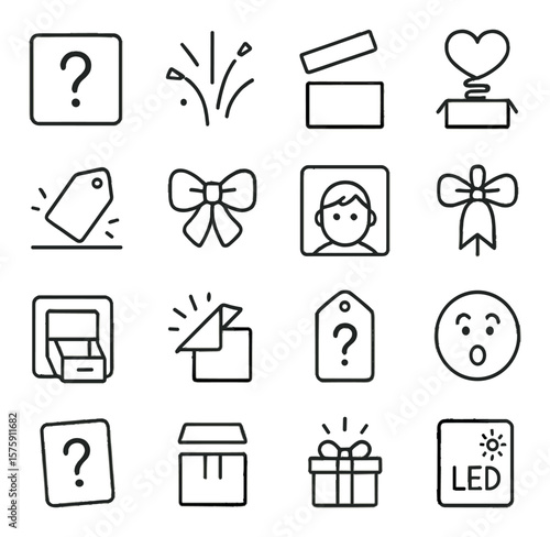 Surprise elements line art icons. question mark box, confetti burst, hidden lid, spring-loaded heart, pop-up tag, blinking bow, peek-through window, ribbon pull, pull-out drawer,