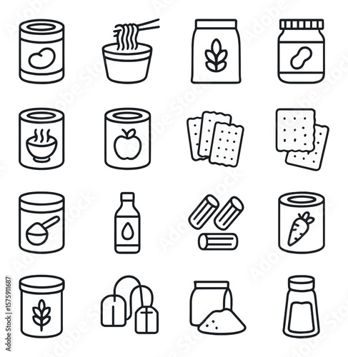 Non-perishable food line art icons. canned beans, instant noodles, rice bag, peanut butter, canned soup, canned fruit, crackers, granola bars, powdered milk, cooking oil, dry pasta