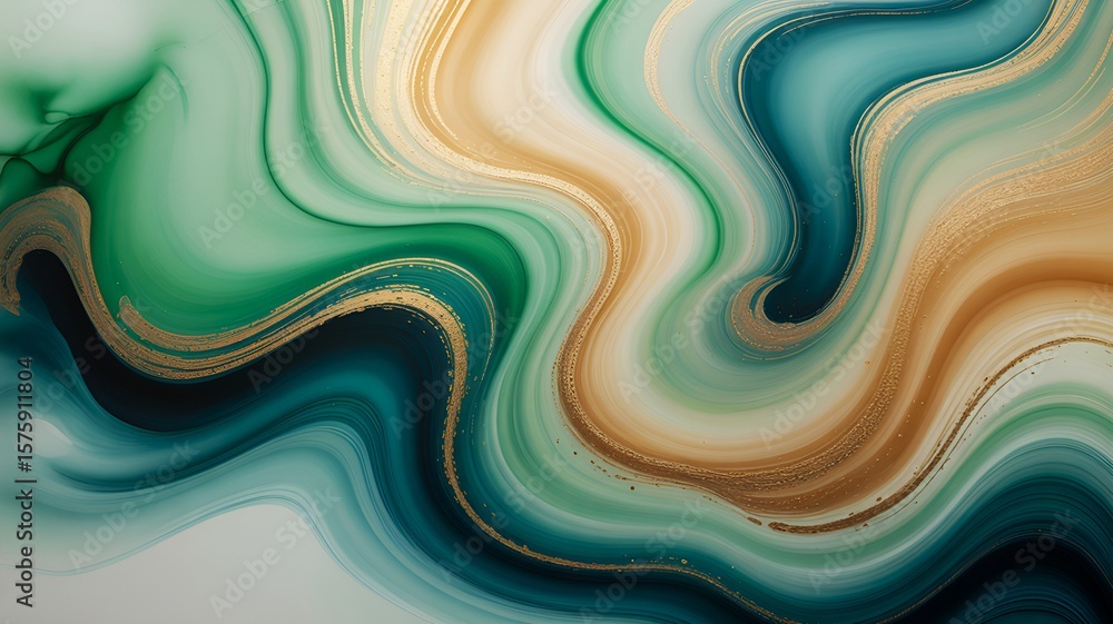Fototapeta premium Abstract art with swirling green teal and gold fluid paint creating a marble like effect