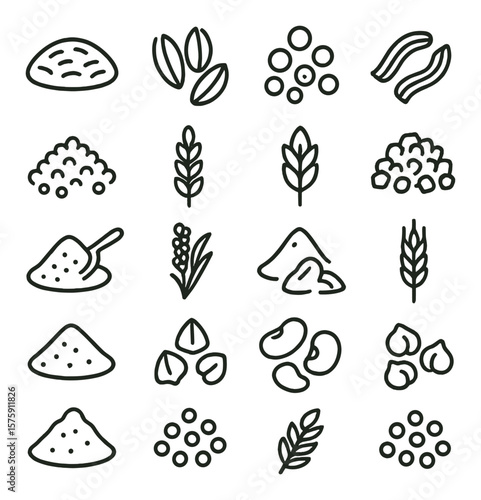 Essential grains line art icons. rice, oats, lentils, pasta, couscous, millet, barley, bulgur, cornmeal, quinoa, wheat flour, rye, semolina, buckwheat, dry beans, chickpeas.
