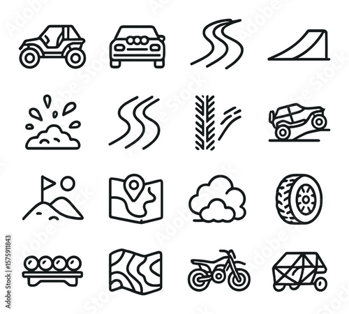 Off-road racing line art icons. dune buggy, rally car, dirt trail, jump ramp, mud spray, skid marks, tire tread, suspension flex, desert checkpoint, GPS nav icon, dust cloud,