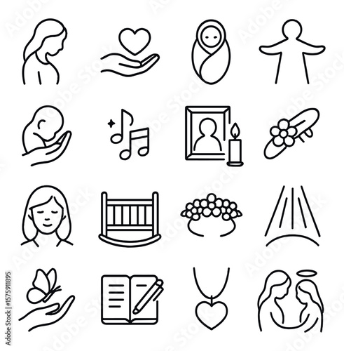 Bereaved mother symbols line art icons. mother silhouette, heart in hand, baby blanket, open arms, gentle touch, lullaby note, candle beside frame, hair clip, soft smile, empty