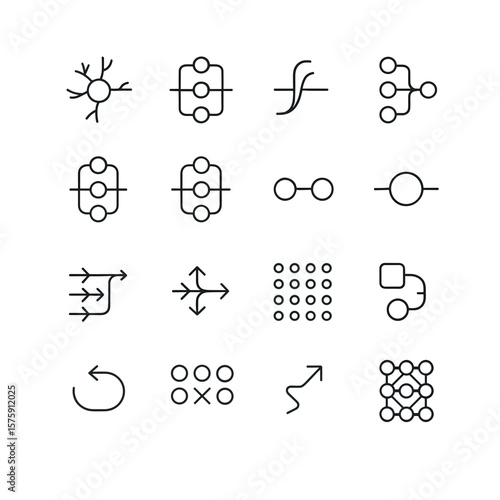 Neural Networks line art icons. neuron node, neural layer, activation function, input layer, hidden layer, output layer, weight connection, bias icon, feedforward flow,