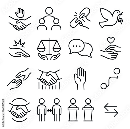 Conflict Resolution line art icons. calm handshake, mediator icon, broken link repair, peace dove, tension release icon, balance scale with hands, open dialogue, forgiveness symbol