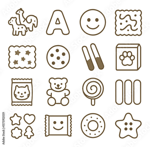 Kids’ biscuits line art icons. animal biscuits, alphabet biscuit, smiley biscuit, colorful icing, sprinkle stars, mini chocolate chip, dipped sticks, shaped box, cartoon wrapper,