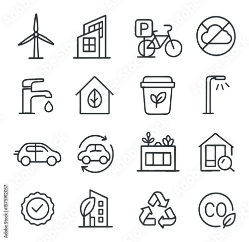Sustainable development line art icons. wind turbine, solar facade, bike parking, low-emission zone, water-saving tap, energy-efficient home, compost bin, LED light post, electric